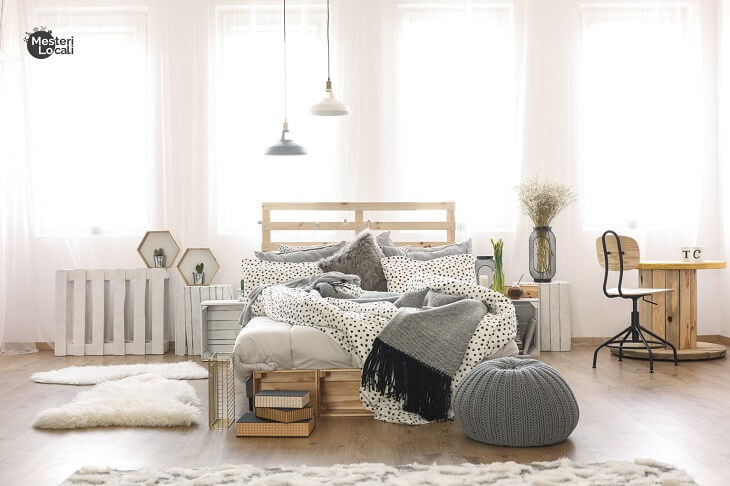 dormitor hygge gri paturi pat lemn dormitor hygge gri paturi pat lemn covor blana alb pufos